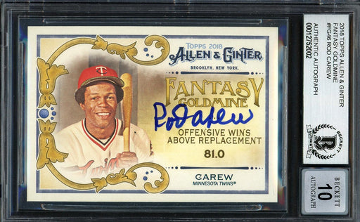 Rod Carew Autographed 2018 Topps Allen & Ginter Fantasy Goldmine Card #FG-46 Minnesota Twins Auto Grade Gem Mint 10 Beckett BAS #12752002 - RSA