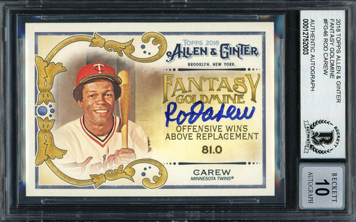 Rod Carew Autographed 2018 Topps Allen & Ginter Fantasy Goldmine Card #FG-46 Minnesota Twins Auto Grade Gem Mint 10 Beckett BAS #12752003 - RSA