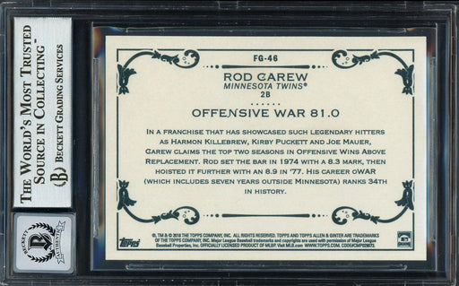Rod Carew Autographed 2018 Topps Allen & Ginter Fantasy Goldmine Card #FG-46 Minnesota Twins Auto Grade Gem Mint 10 Beckett BAS #12752003 - RSA
