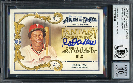 Rod Carew Autographed 2018 Topps Allen & Ginter Fantasy Goldmine Card #FG-46 Minnesota Twins Auto Grade Gem Mint 10 Beckett BAS #12752004 - RSA