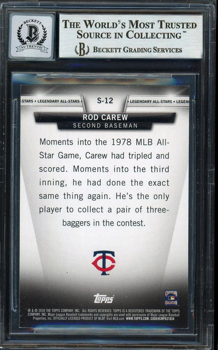 Rod Carew Autographed 2018 Topps Legendary All Stars Card #S-12 Minnesota Twins Auto Grade Gem Mint 10 Beckett BAS Stock #192821 - RSA