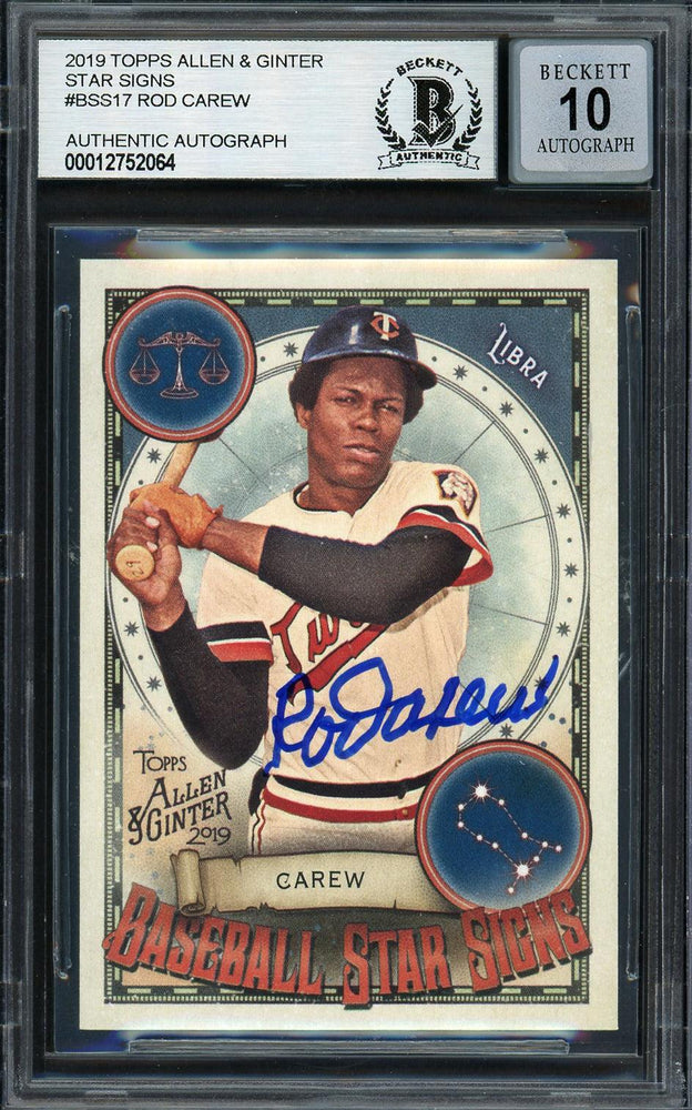Rod Carew Autographed 2019 Topps Allen & Ginter Baseball Star Signs Card #BSS-17 Minnesota Twins Auto Grade Gem Mint 10 Beckett BAS Stock #192833 - RSA
