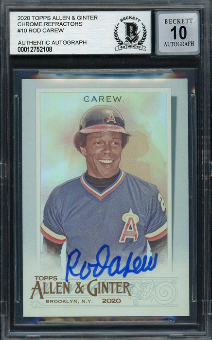 Rod Carew Autographed 2020 Topps Allen & Ginter Foil Card #10 California Angels Auto Grade Gem Mint 10 Beckett BAS #12752108 - RSA