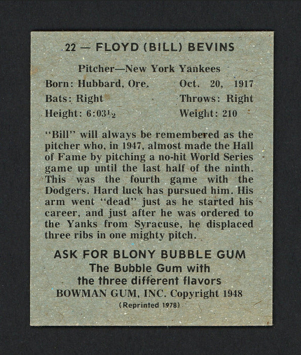 Bill Bevens Autographed 1978 Bowman 1948 Bowman Reprint Card #22 New York Yankees SKU #165912 - RSA