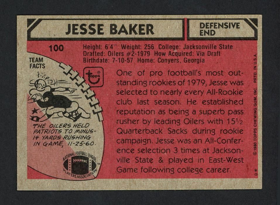 Jesse Baker Autographed 1980 Topps Rookie Card #100 Houston Oilers SKU #160201 - RSA
