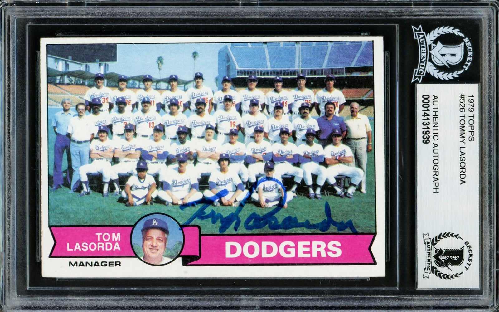 Tom Lasorda Autographed 1979 Topps Card #526 Los Angeles Dodgers Beckett BAS #14131939 - RSA