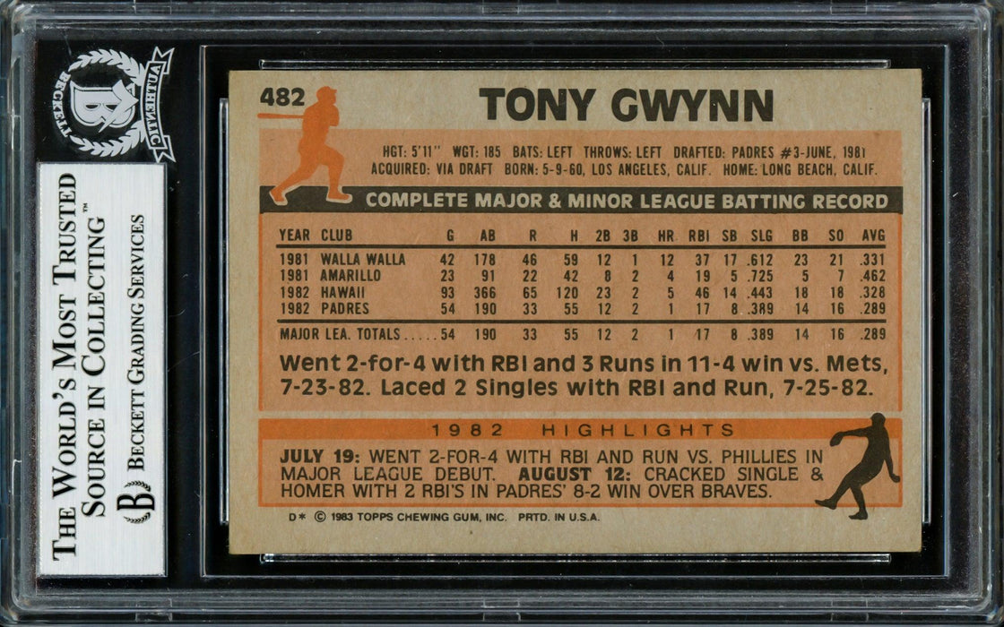 Tony Gwynn Autographed 1983 Topps Rookie Card #482 San Diego Padres Beckett BAS #14131992 - RSA