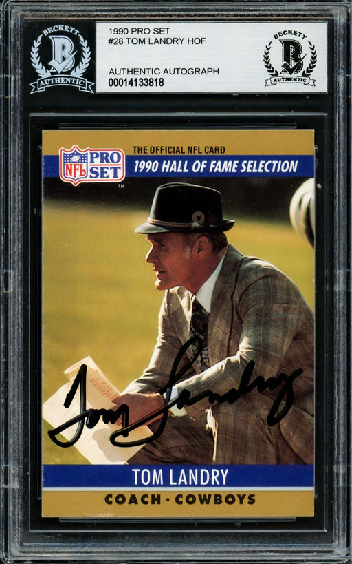 Tom Landry Autographed 1990 Pro Set Card #28 Dallas Cowboys Beckett BAS #14133818 - RSA