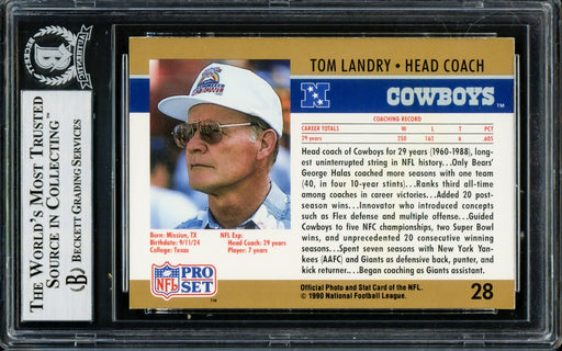 Tom Landry Autographed 1990 Pro Set Card #28 Dallas Cowboys Beckett BAS #14133818 - RSA