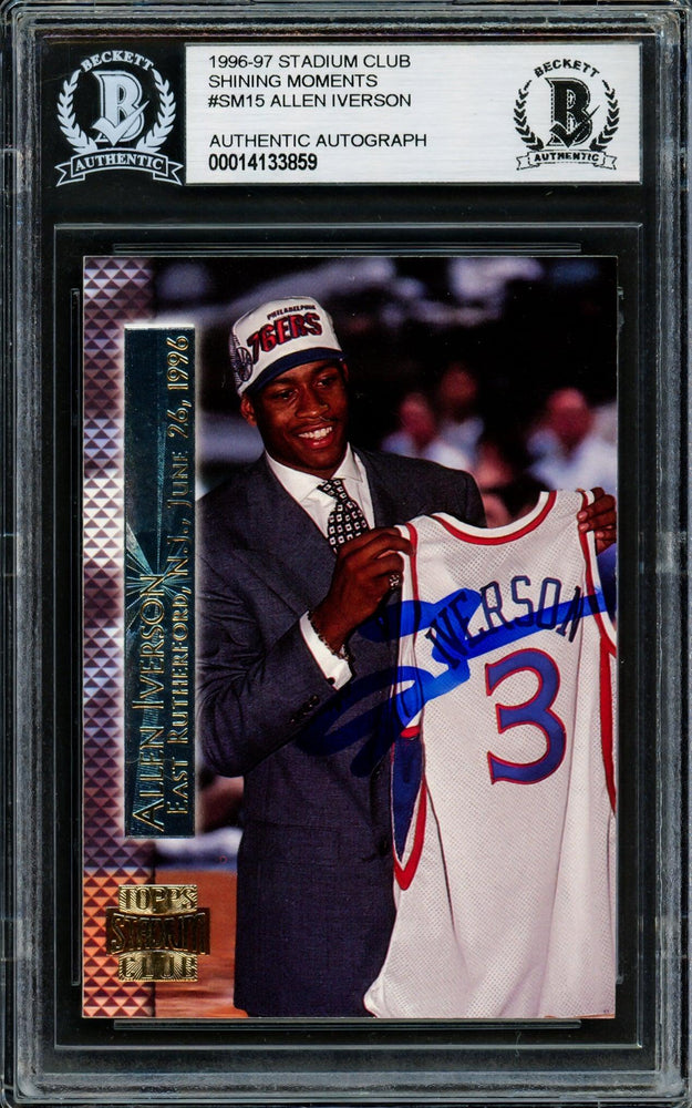 Allen Iverson Autographed 1996-97 Stadium Club Shining Moments Rookie Card #SM15 Philadelphia 76ers Beckett BAS #14133859 - RSA