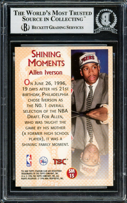 Allen Iverson Autographed 1996-97 Stadium Club Shining Moments Rookie Card #SM15 Philadelphia 76ers Beckett BAS #14133859 - RSA