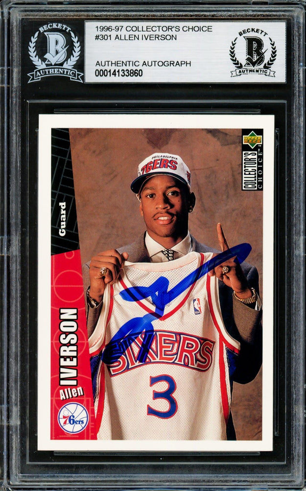 Allen Iverson Autographed 1996-97 Upper Deck Collector's Choice Rookie Card #301 Philadelphia 76ers Beckett BAS Stock #203716 - RSA