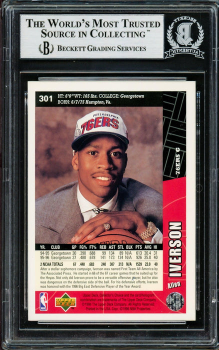 Allen Iverson Autographed 1996-97 Upper Deck Collector's Choice Rookie Card #301 Philadelphia 76ers Beckett BAS Stock #203716 - RSA