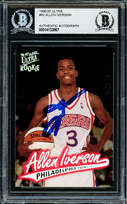 Allen Iverson Autographed 1996-97 Fleer Ultra Rookie Card #82 Philadelphia 76ers Beckett BAS Stock #203717 - RSA