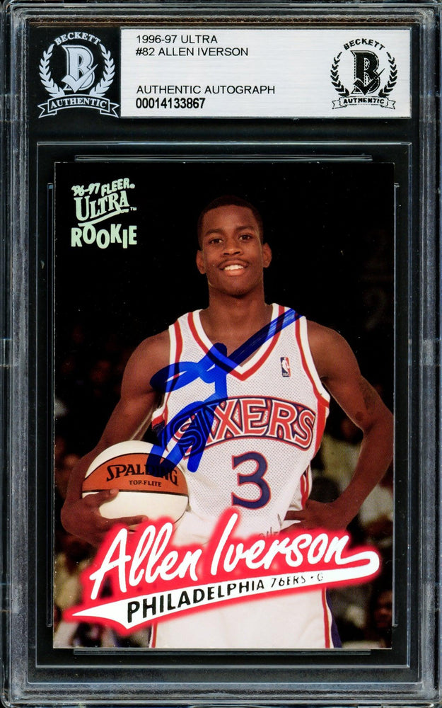Allen Iverson Autographed 1996-97 Fleer Ultra Rookie Card #82 Philadelphia 76ers Beckett BAS Stock #203717 - RSA