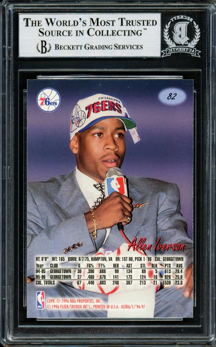 Allen Iverson Autographed 1996-97 Fleer Ultra Rookie Card #82 Philadelphia 76ers Beckett BAS Stock #203717 - RSA