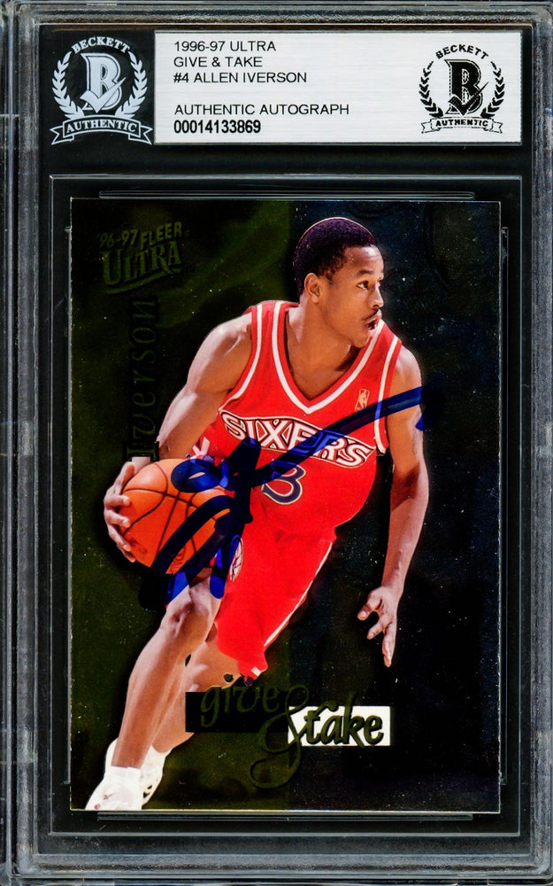 Allen Iverson Autographed 1996-97 Fleer Ultra Give & Take Rookie Card #4 Philadelphia 76ers Beckett BAS #14133869 - RSA