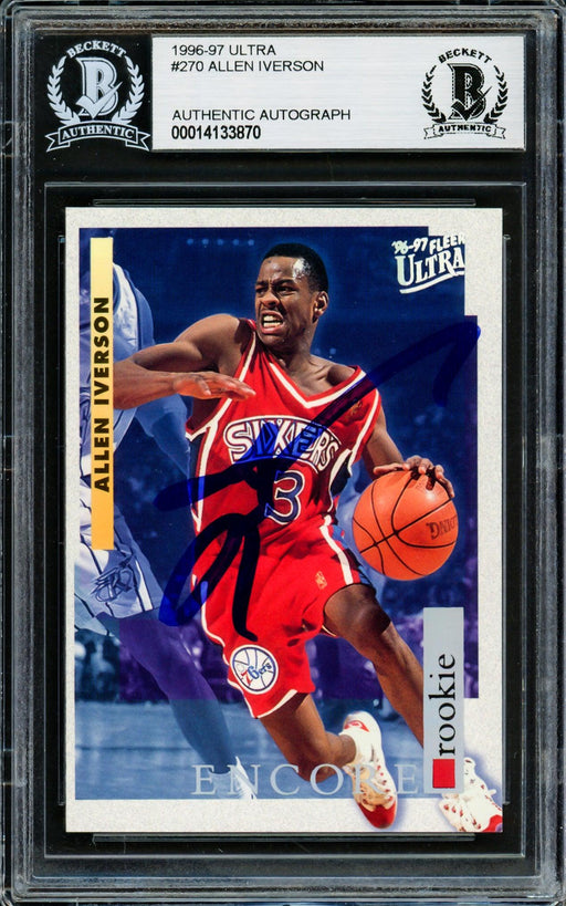 Allen Iverson Autographed 1996-97 Fleer Ultra Rookie Card #270 Philadelphia 76ers Beckett BAS #14133870 - RSA