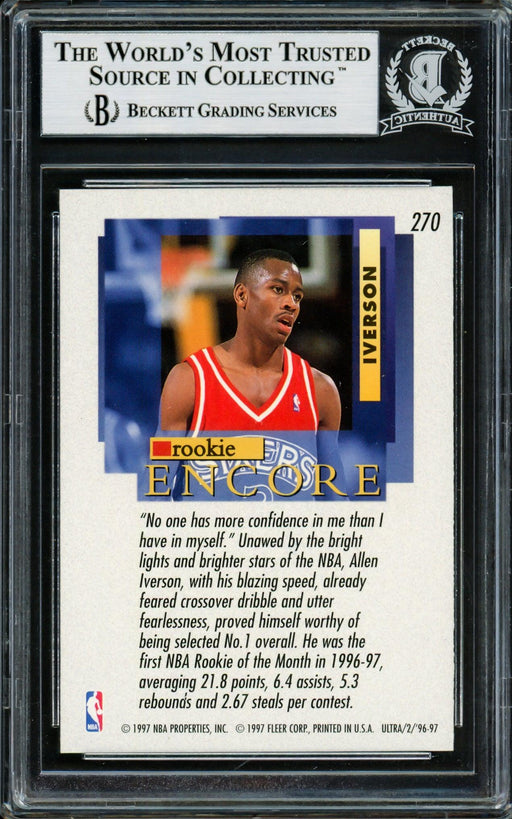 Allen Iverson Autographed 1996-97 Fleer Ultra Rookie Card #270 Philadelphia 76ers Beckett BAS #14133870 - RSA
