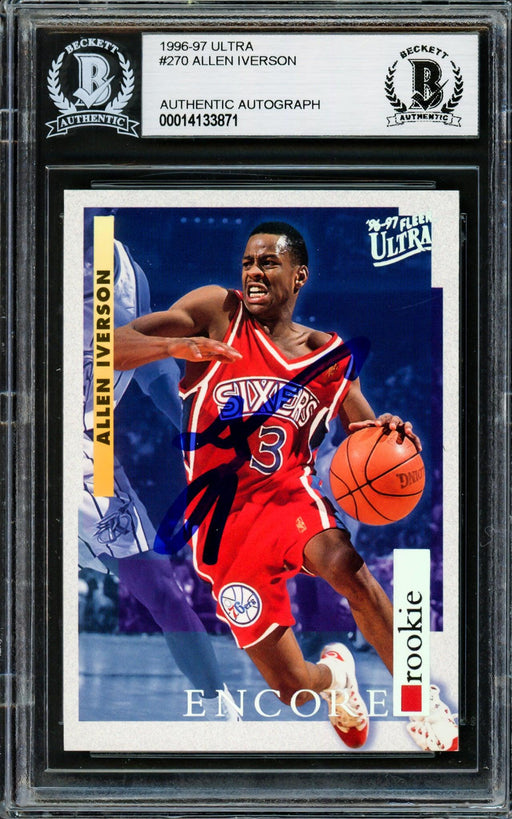 Allen Iverson Autographed 1996-97 Fleer Ultra Rookie Card #270 Philadelphia 76ers Beckett BAS #14133871 - RSA