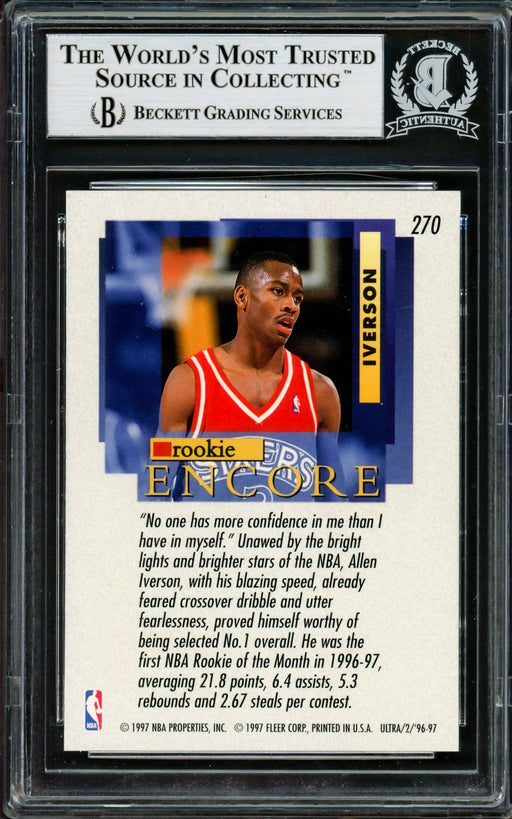 Allen Iverson Autographed 1996-97 Fleer Ultra Rookie Card #270 Philadelphia 76ers Beckett BAS #14133871 - RSA