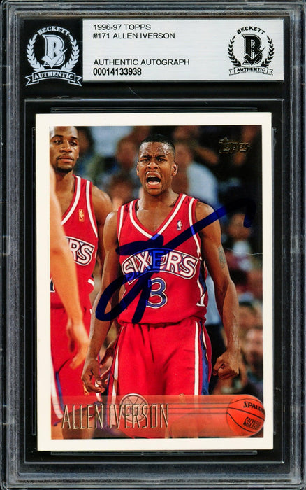 Allen Iverson Autographed 1996-97 Topps Rookie Card #171 Philadelphia 76ers (Creased) Beckett BAS #14133938 - RSA