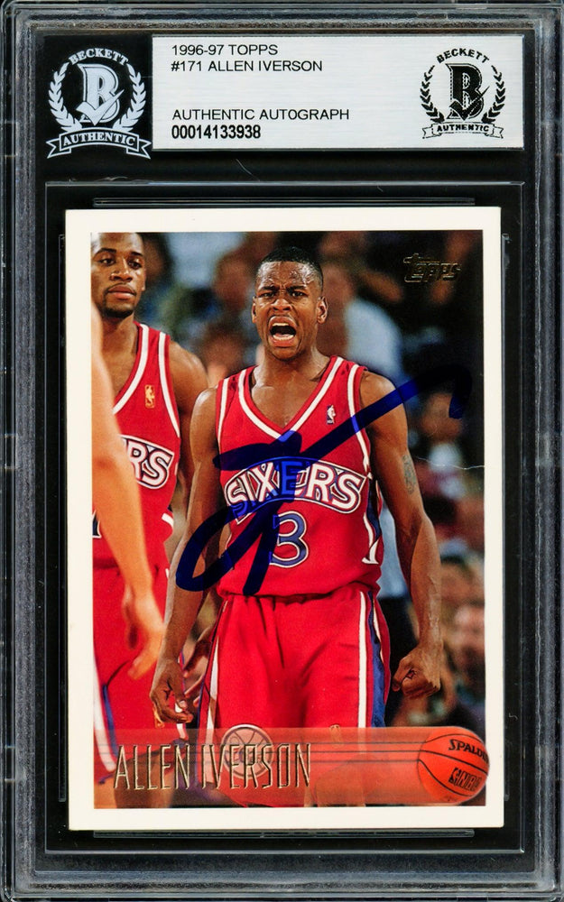 Allen Iverson Autographed 1996-97 Topps Rookie Card #171 Philadelphia 76ers (Creased) Beckett BAS #14133938 - RSA