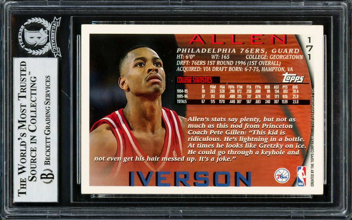 Allen Iverson Autographed 1996-97 Topps Rookie Card #171 Philadelphia 76ers (Creased) Beckett BAS #14133938 - RSA