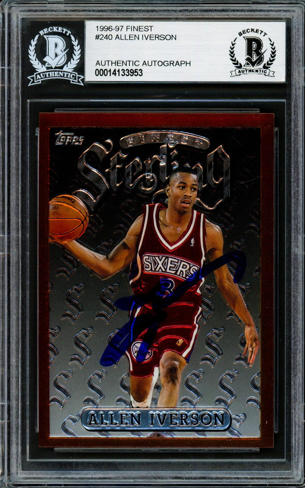 Allen Iverson Autographed 1996-97 Topps Finest Sterling Rookie Card #240 Philadelphia 76ers Beckett BAS #14133953 - RSA