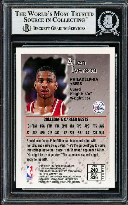 Allen Iverson Autographed 1996-97 Topps Finest Sterling Rookie Card #240 Philadelphia 76ers Beckett BAS #14133953 - RSA