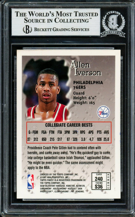 Allen Iverson Autographed 1996-97 Topps Finest Sterling Rookie Card #240 Philadelphia 76ers Beckett BAS #14133954 - RSA