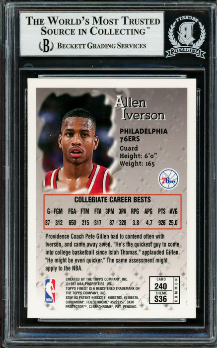 Allen Iverson Autographed 1996-97 Topps Finest Sterling Rookie Card #240 Philadelphia 76ers Beckett BAS #14133955 - RSA
