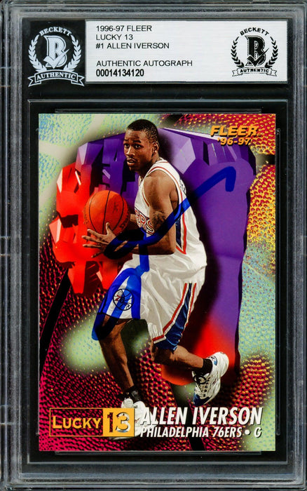 Allen Iverson Autographed 1996-97 Fleer Lucky 13 Rookie Card #1 Philadelphia 76ers Beckett BAS #14134120 - RSA