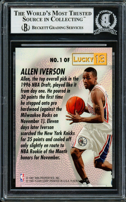Allen Iverson Autographed 1996-97 Fleer Lucky 13 Rookie Card #1 Philadelphia 76ers Beckett BAS #14134118 - RSA