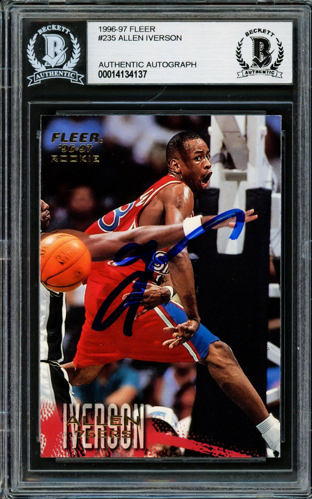 Allen Iverson Autographed 1996-97 Fleer Rookie Card #235 Philadelphia 76ers Beckett BAS Stock #203752 - RSA