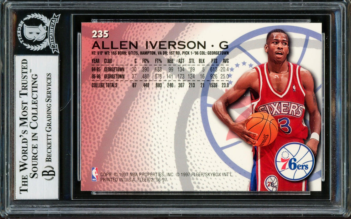 Allen Iverson Autographed 1996-97 Fleer Rookie Card #235 Philadelphia 76ers Beckett BAS Stock #203752 - RSA