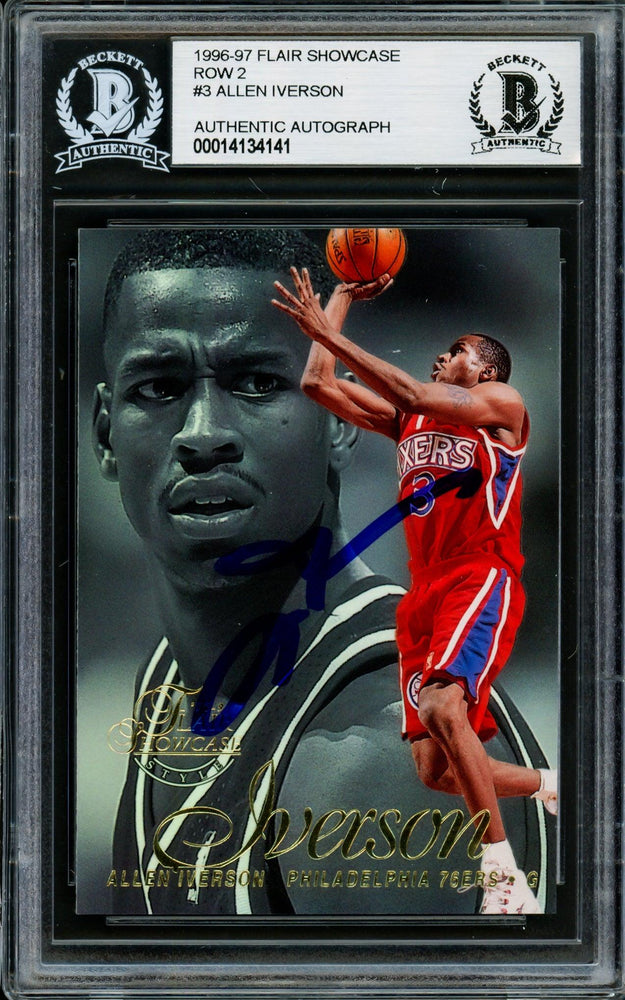 Allen Iverson Autographed 1996-97 Flair Showcase Row 2 Rookie Card #3 Philadelphia 76ers Beckett BAS #14134141 - RSA