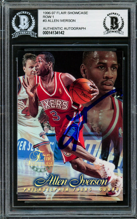 Allen Iverson Autographed 1996-97 Flair Showcase Row 1 Rookie Card #3 Philadelphia 76ers Beckett BAS #14134142 - RSA