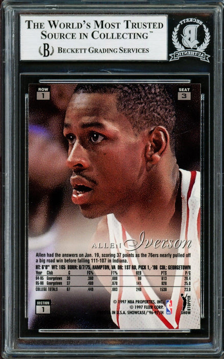 Allen Iverson Autographed 1996-97 Flair Showcase Row 1 Rookie Card #3 Philadelphia 76ers Beckett BAS #14134142 - RSA