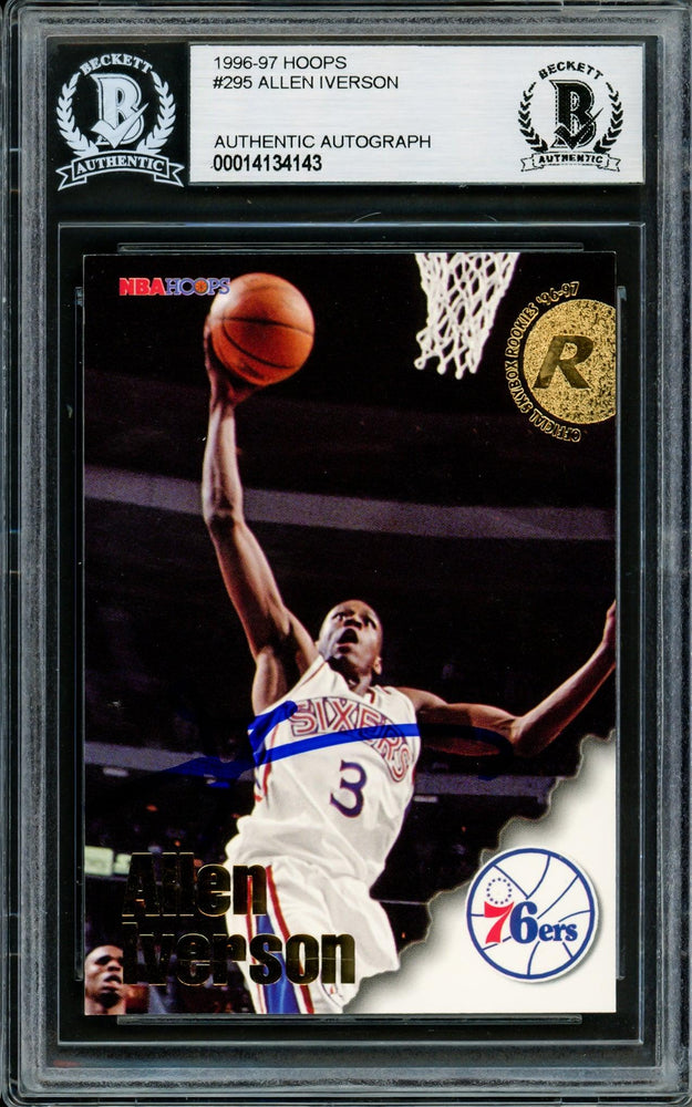 Allen Iverson Autographed 1996-97 Hoops Rookie Card #295 Philadelphia 76ers Beckett BAS #14134143 - RSA