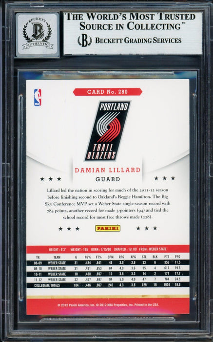 Damian Lillard Autographed 2012-13 Panini Hoops Rookie Card #280 Portland Trail Blazers Auto Grade Gem Mint 10 Beckett BAS #13605485 - RSA