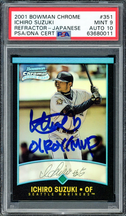 Ichiro Suzuki Autographed 2001 Bowman Chrome Refractor Japanese Rookie Card #351 Seattle Mariners PSA 9 Auto Grade Gem Mint 10 "01 ROY/MVP" PSA/DNA #63680011 - RSA