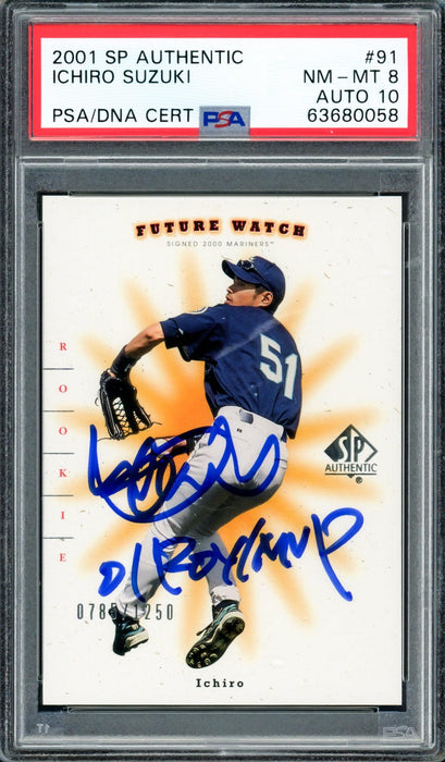 Ichiro Suzuki Autographed 2001 SP Authentic Rookie Card #91 Seattle Mariners PSA 8 Auto Grade Gem Mint 10 "01 ROY/MVP" #785/1250 PSA/DNA #63680058 - RSA