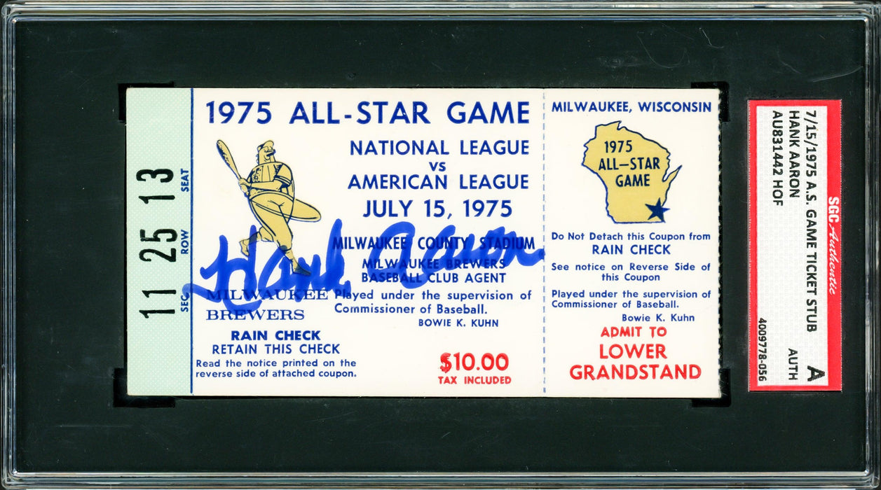 Hank Aaron Autographed 2.5x5 1975 All Star Game Ticket Milwaukee Brewers SGC #AU831442 - RSA