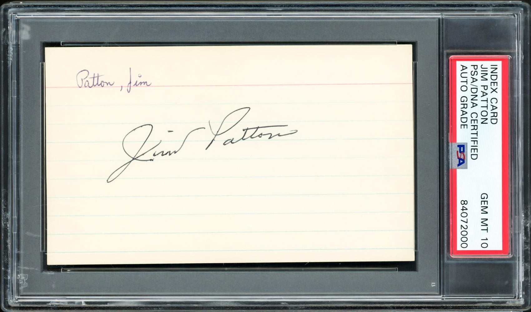 Jim Patton Autographed 3x5 Index Card New York Giants Auto Grade Gem Mint 10 PSA/DNA #84072000 - RSA
