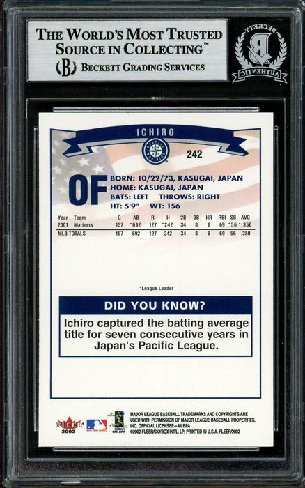 Ichiro Suzuki Autographed 2002 Fleer Card #242 Seattle Mariners Black Letter Beckett BAS Stock #194229 - RSA