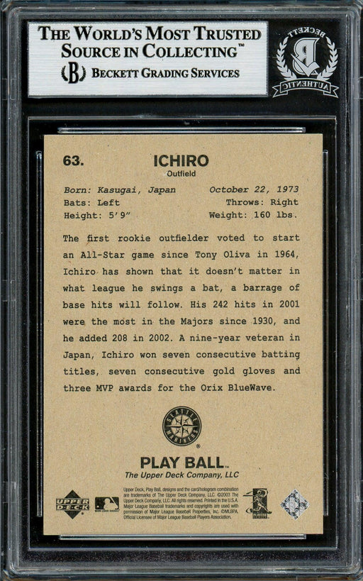 Ichiro Suzuki Autographed 2003 Upper Deck Play Ball Card #63 Seattle Mariners Beckett BAS Stock #194256 - RSA