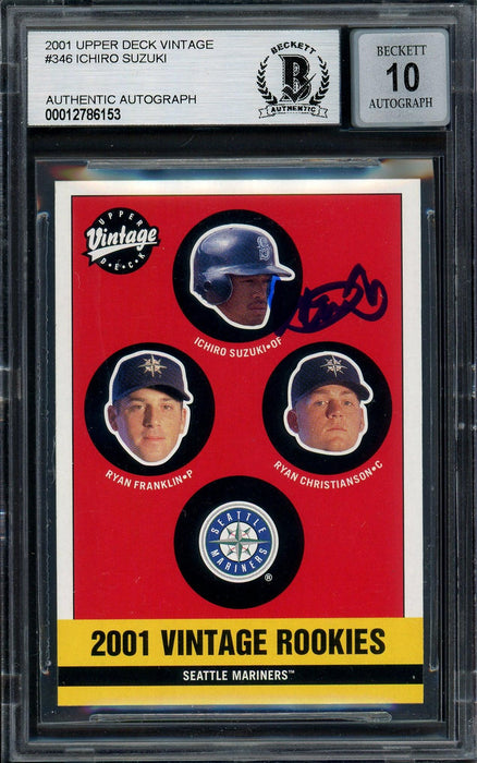 Ichiro Suzuki Autographed 2001 Upper Deck Vintage Rookie Card #346 Seattle Mariners Auto Grade Gem Mint 10 Beckett BAS Stock #194284 - RSA