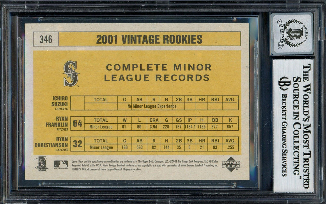 Ichiro Suzuki Autographed 2001 Upper Deck Vintage Rookie Card #346 Seattle Mariners Auto Grade Gem Mint 10 Beckett BAS Stock #194284 - RSA