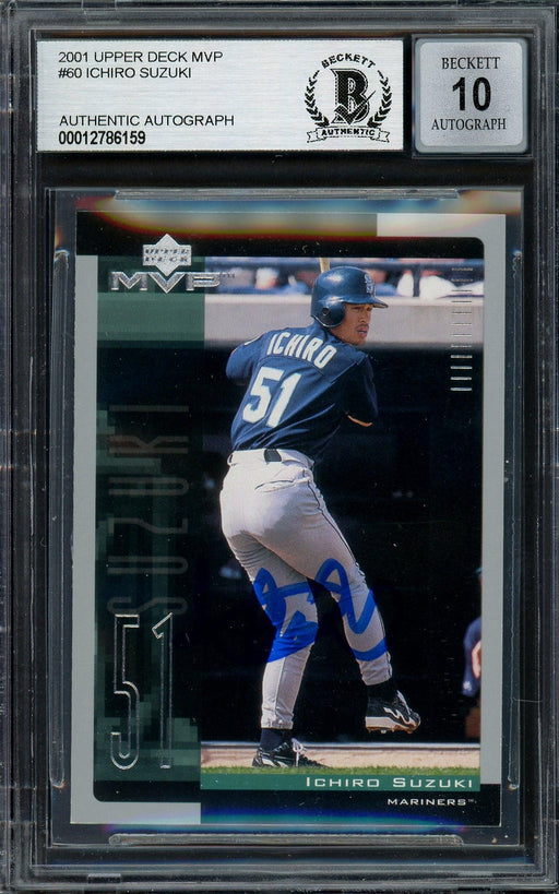 Ichiro Suzuki Autographed 2001 Upper Deck MVP Rookie Card #60 Seattle Mariners Auto Grade Gem Mint 10 Signed in Blue Beckett BAS Stock #194285 - RSA